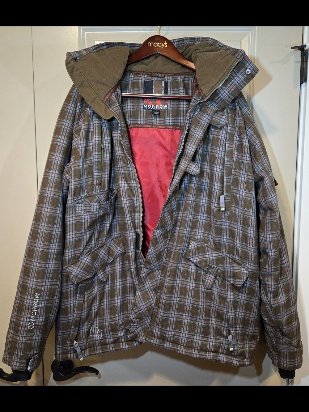 Men's Morrow Large Brown Plaid Snowboarding Jacket with Red Lining Winter